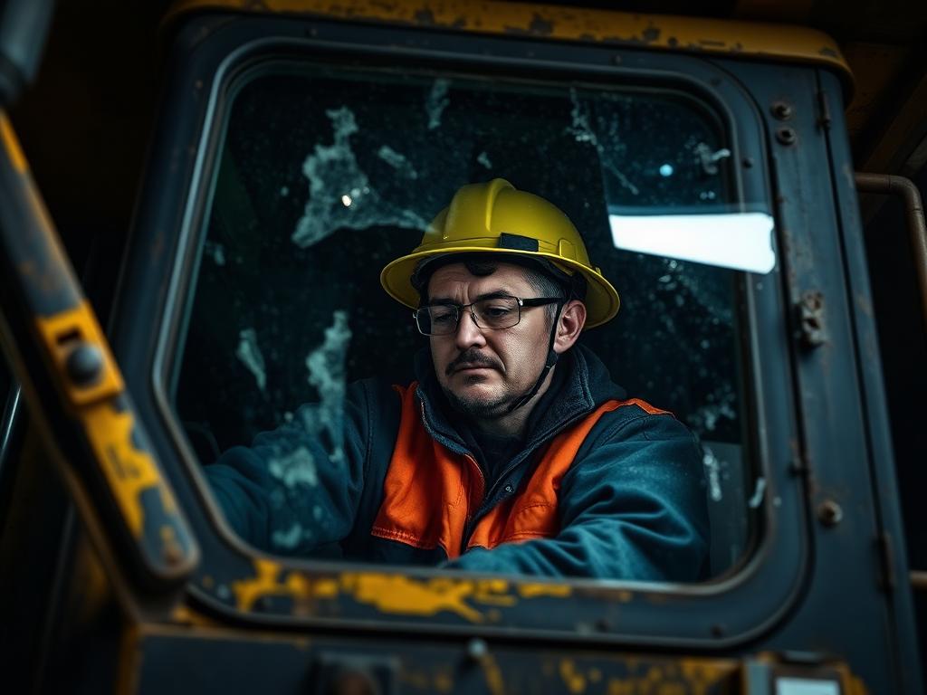 Operator inside an earthmoving machine cabin with damaged glass